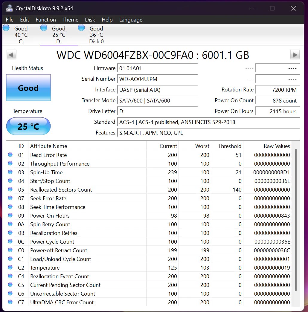 CrystalDiskInfo report for WD Black 6TB serial WD-AQ04UJPM