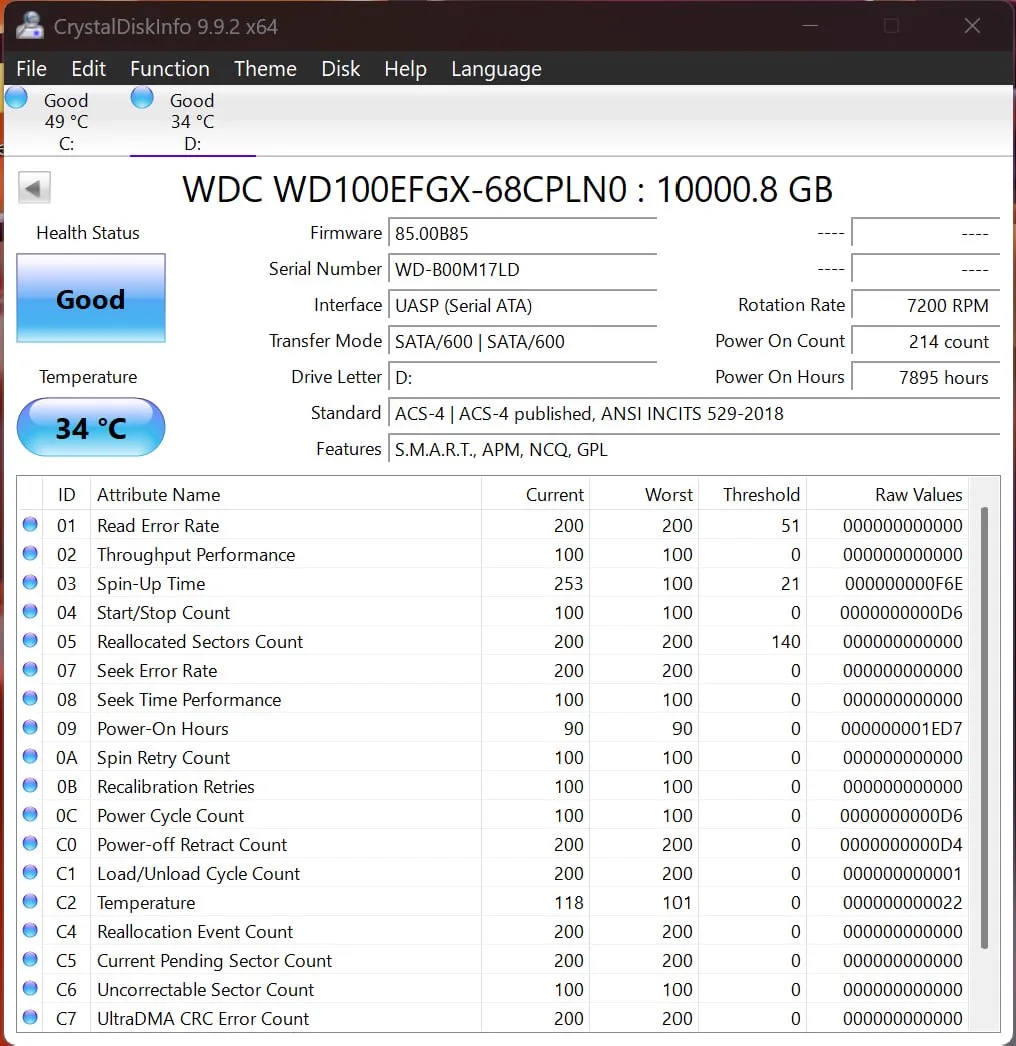 CrystalDiskInfo report for WD Red Plus 10TB serial WD-B00M17LD
